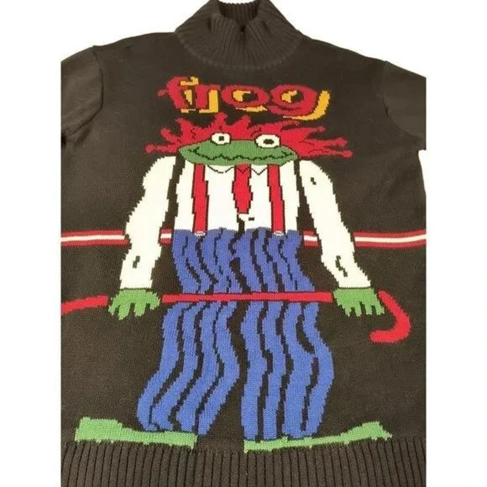 RARE 90s Ms AND Dn Frog‎ Sweater Vintage Kawaii Mock Neck Cartoon Knit Japan UNI